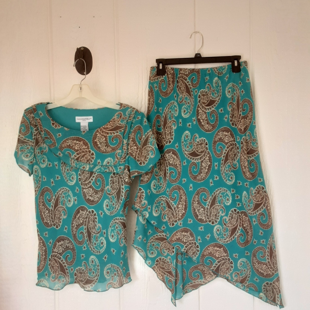 SagHarbor 🌞067 Women's Set Skirt and Blouse 8 Preowned Green and Brown Lined